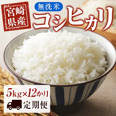 【12ケ月定期便】宮崎県産 無洗米 コシヒカリ 5kg×12回 合計60㎏ 便利なチャック付き＜9-5＞