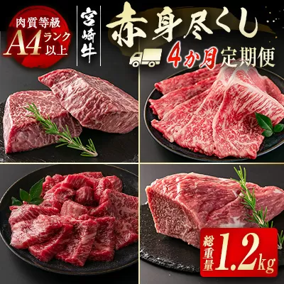 宮崎牛赤身尽くし4ヶ月定期便（合計1.2kg）小分け 焼肉 スライス ステーキ ブロック＜4.6-7＞