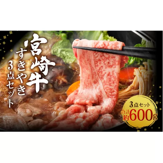  宮崎牛 切り落とし すきやき 3点セット 合計約600g 黒毛和牛 牛肉 和牛 セット ロース 肩ロース バラ スライス 小分け すき焼き すき焼  特別な日 誕生日 記念日 プレゼント 贈り物 贈答 ギフト お肉 冷凍 国産 九州産 宮崎県産 送料無料 日本一 祝！宮崎牛は、史上初和牛オリンピック４大会連続 内閣総理大臣賞受賞！