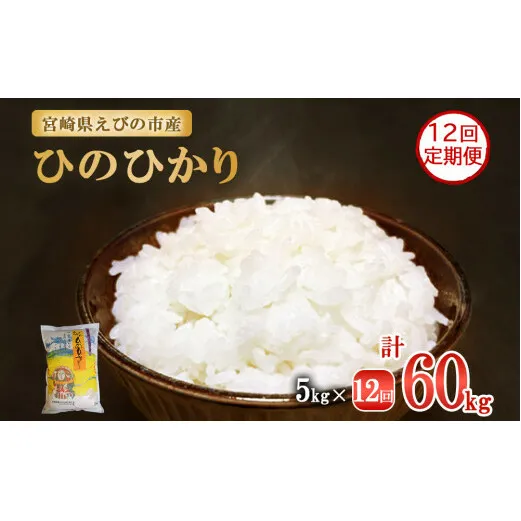 [年間定期便] えびの産 ひのひかり 5kg×12ヶ月 合計 60kg 米 定期便 お米 おにぎり お弁当 TKG ヒノヒカリ 九州 宮崎県 特選米 冷めても美味しい 送料無料