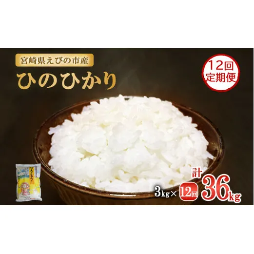 【年間定期便】 えびの産 ひのひかり 3kg×12ヶ月 合計 36kg 定期便 米 お米 白米 おにぎり ヒノヒカリ お弁当 九州 宮崎県 特選米 冷めても美味しい 送料無料