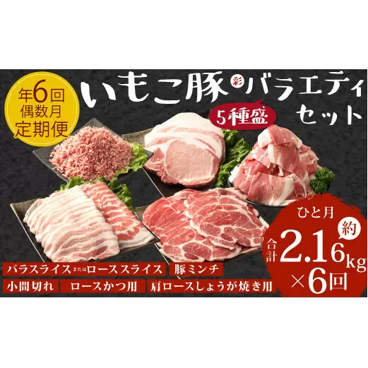 【訳あり】豚肉【定期便年6回/偶数月発送】いもこ豚(彩)  5種盛り バラエティセット 2.16kg バラスライス バラ 小間切れ 細切れ こま切れ ロース 肩ロース しゃぶしゃぶ スライス 豚ミンチ 豚肉 いもこ豚 セット 詰合せ 生姜焼き 焼肉 サムギョプサル ポッサム 豚丼 とんかつ 鉄板 ホットプレート パーティー 冷凍 宮崎県産 九州産 送料無料