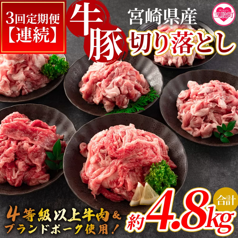 ＜【定期便】全3回連続 宮崎牛切り落とし牛肉（カタ肉）豚肉（ウデ、モモ）総量約4.8kg＞【MI413-nm-A-x1】【ニクマル】