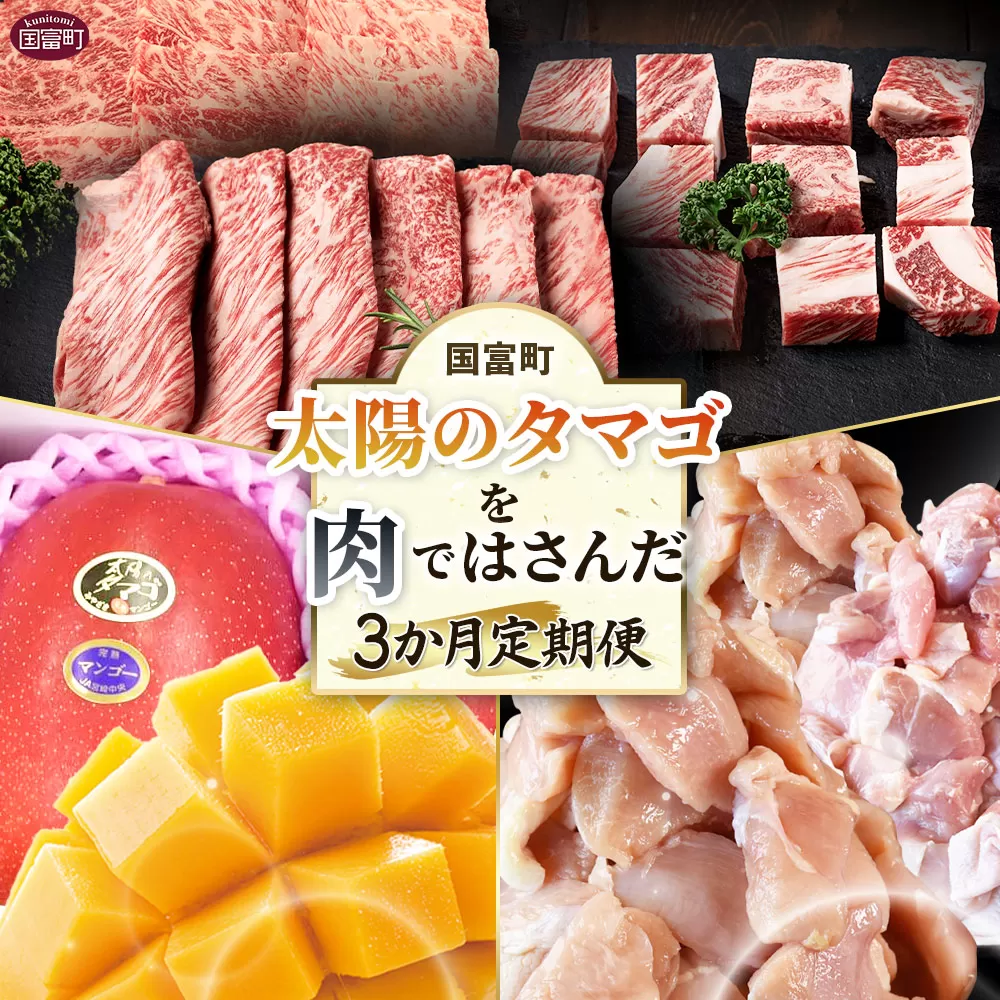 [太陽のタマゴを肉ではさんだ3か月定期便]2025年4月から一回目を発送[ 定期便 宮崎牛 黒毛和牛 肩ロース肉 サイコロステーキ 牛肉 焼き肉 焼肉 スライス 太陽のタマゴ マンゴー 完熟マンゴー 若鶏 切身 切り身 鶏肉 精肉 ]