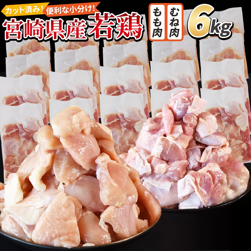 ＜宮崎県産若鶏切身 6kg（むね肉 300g×10袋 もも肉 300g×10袋）＞ 翌月末迄に順次出荷 【 セット 詰め合わせ からあげ 唐揚げ カレー シチュー BBQ 煮物 チキン南蛮 小分け おかず おつまみ お弁当 惣菜 時短 炒め物 簡単料理 】