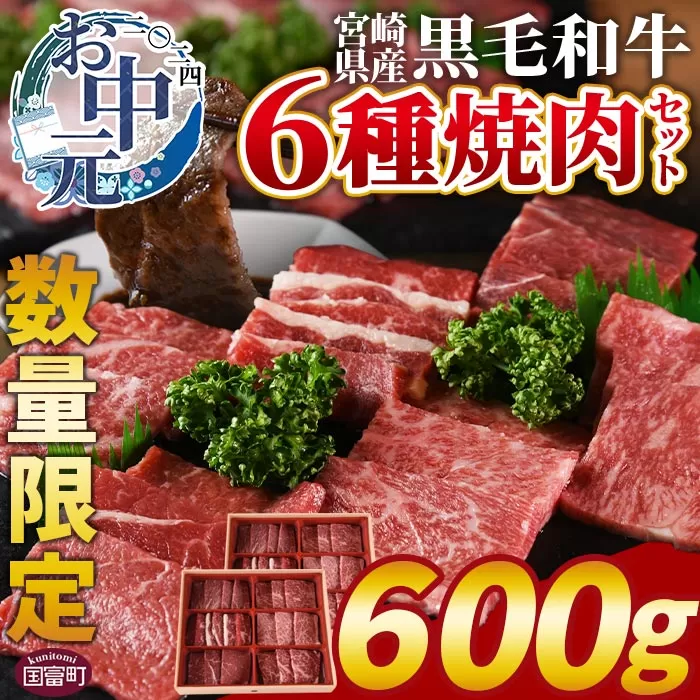 【お中元】数量限定 ＜宮崎県産黒毛和牛(経産)6種焼肉セット 600g＞2024年7月上旬〜中旬にお届け【 国産 黒毛和牛 牛肉 牛 精肉 焼き肉 焼肉 サーロイン リブロース 肩ロース ウデ モモ バラ 贈答品 ギフト 贈り物 グルメ ミヤチク 】