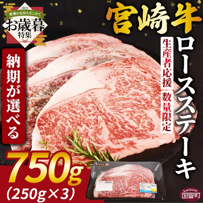 [お歳暮]生産者応援 期間限定 数量限定 [宮崎牛ロースステーキ 750g]2024年12月12日から12月17日までにお届け[ 国産 黒毛和牛 牛肉 牛 精肉 ロース ロース肉 ステーキ 4等級以上 ブランド牛 赤身 贈答品 ギフト 贈り物 化粧箱 グルメ ミヤチク 宮崎県 国富町 ]