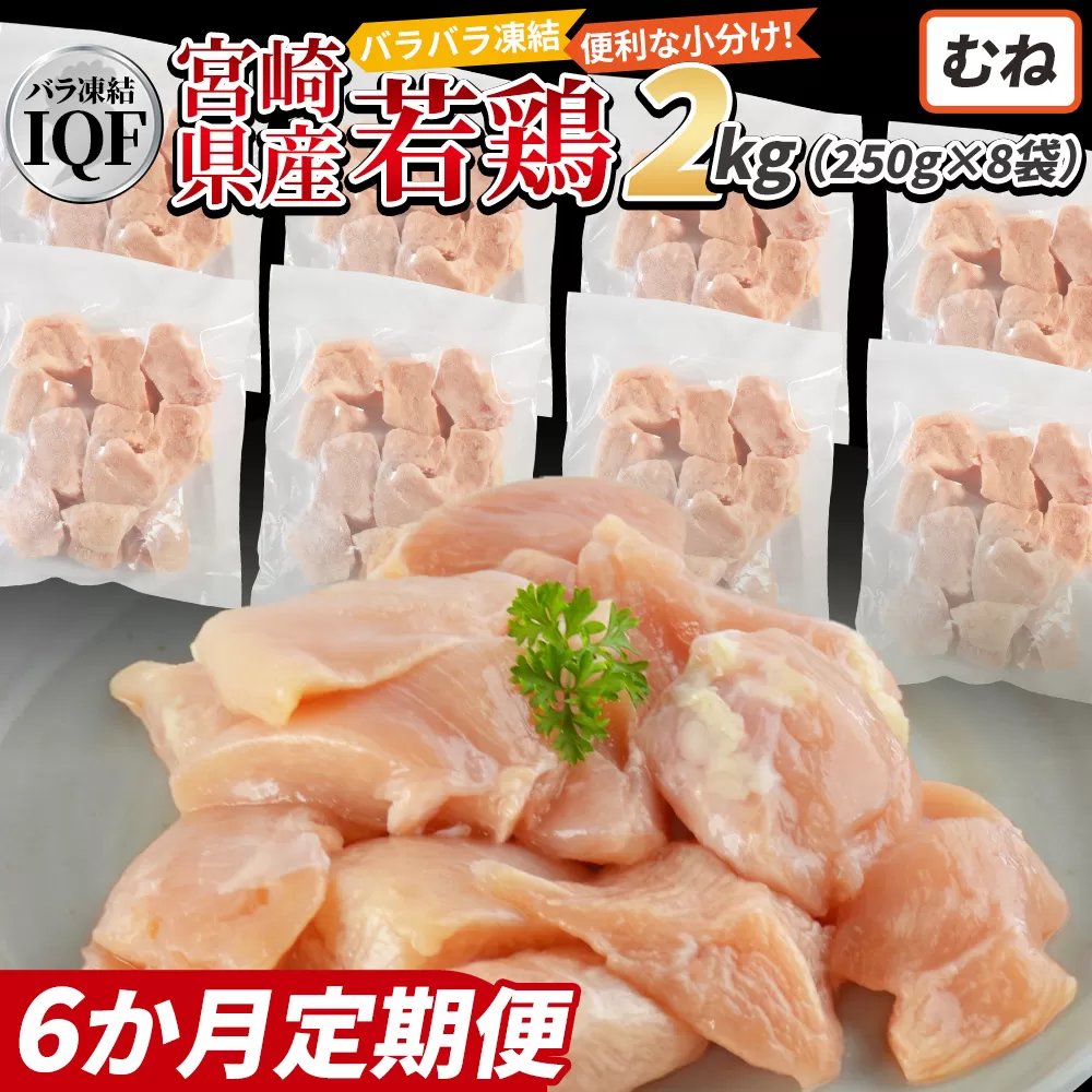 ＜国産若鶏むね肉IQF 2kg（250g×8袋) 6か月定期便＞3か月以内に初回発送【 定期便 鶏肉 詰め合わせ セット からあげ 唐揚げ カレー シチュー BBQ 煮物 チキン南蛮 小分け おかず おつまみ お弁当 惣菜 時短 炒め物 簡単料理 】