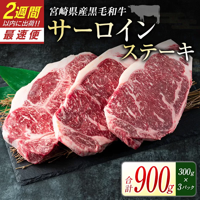 2週間以内出荷!!宮崎県産黒毛和牛[新冨育ちGyuGyu・サーロインステーキ(300g×3P)]合計900g 宮崎県産[C319]