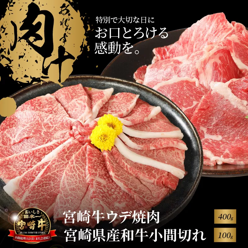 宮崎牛ウデ焼肉400ｇ　宮崎県産和牛小間切れ100ｇ K18_0025_4