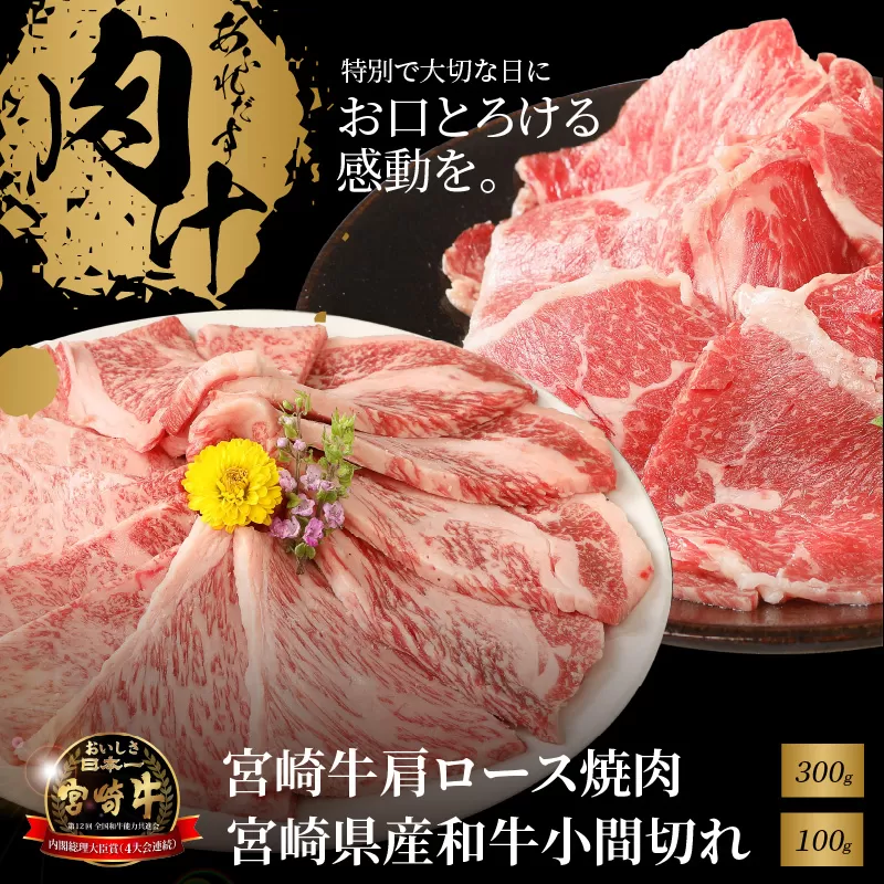 宮崎牛肩ロース焼肉300ｇ 宮崎県産和牛小間切れ100ｇ K18_0029_4