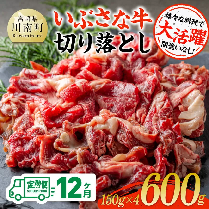 【12ヶ月定期便】いぶさな牛切り落とし 600g (150ｇ×4パック) 宮崎県産 牛 切り落とし 黒毛和牛 定期便