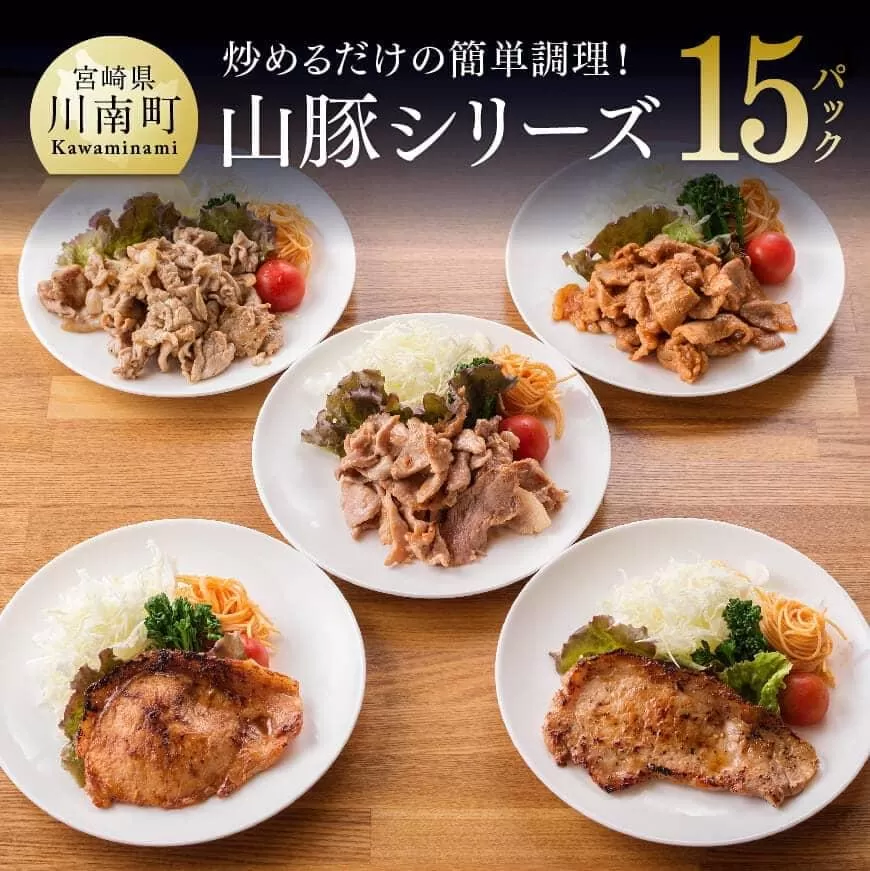 簡単調理 タレ漬け豚肉「chachatぐるめ山豚シリーズ」 15袋 (5種×3袋) 肉 豚肉 加工品 惣菜 宮崎県産ブランド豚 おかず ステーキ 味噌カツ みそ豚 生姜焼き バジル風味 焼くだけ