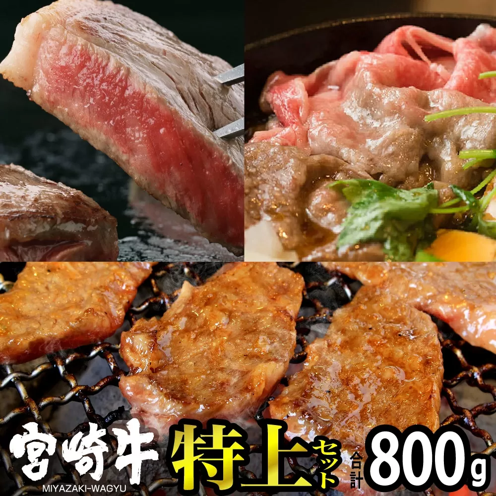 宮崎牛 特上セット 800g 肉 牛肉 国産 黒毛和牛 肉質等級4等級以上 4等級 5等級 ステーキ スライス 焼肉 すき焼き しゃぶしゃぶ