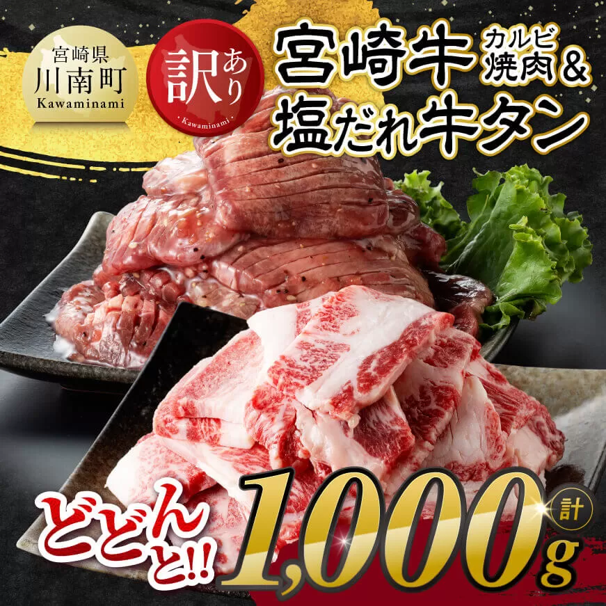 【訳あり】 宮崎牛カルビ焼肉＆塩だれ牛タン　計1,000g 【 肉 宮崎牛 カルビ 牛肉 牛たん たん 厚切り 塩ダレ 塩だれ タン 味付き BBQ 焼肉 焼き肉 焼くだけ おかず 簡単調理 】