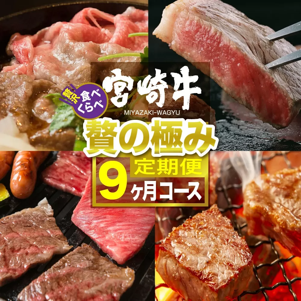 宮崎牛 食べ比べ 贅の極み 9ヶ月コース 4大会連続日本一 肉 牛肉 国産 黒毛和牛 肉質等級4等級以上 4等級 5等級 定期便 全9回 ステーキ スライス 焼肉 すき焼き しゃぶしゃぶ