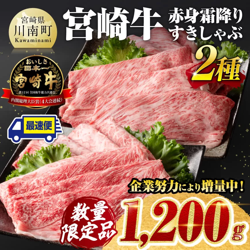 ※令和7年1月発送※ 数量限定品 宮崎牛 赤身 霜降り すきしゃぶ 2種 1,200g 黒毛和牛 すき焼き しゃぶしゃぶ 牛肉