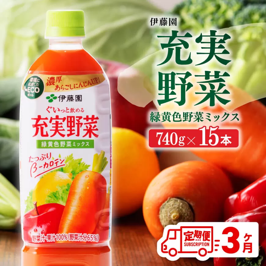 [定期便]充実野菜 緑黄色野菜ミックスペットボトル 740g×15本 3ヶ月定期便 伊藤園 野菜ジュース 全3回 健康 ヘルシー