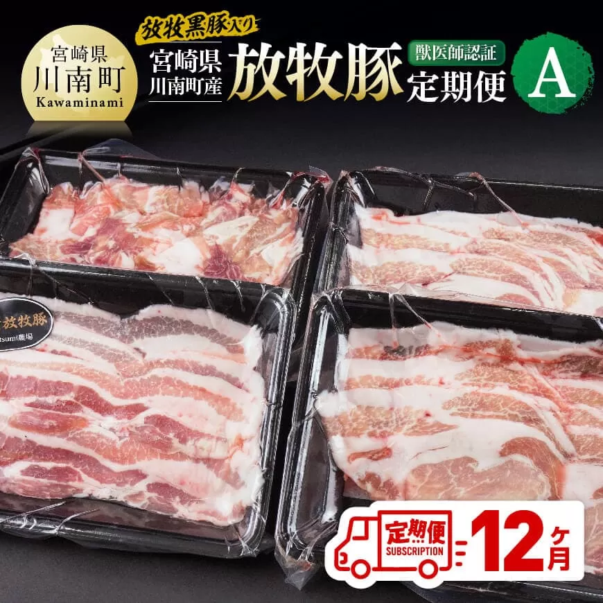 [12ヶ月定期便]宮崎県川南町産 放牧豚定期便A(放牧黒豚入り) 豚 肉 豚肉 黒豚 国産 九州産 宮崎県産 川南町 加工品 セット 送料無料