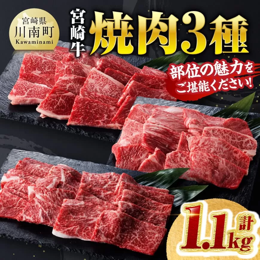 宮崎牛 焼肉 3種 計1.1kg 肉 牛肉 国産 宮崎牛 食べ比べ 4等級 5等級 ミヤチク 焼肉 BBQ バーベキュー