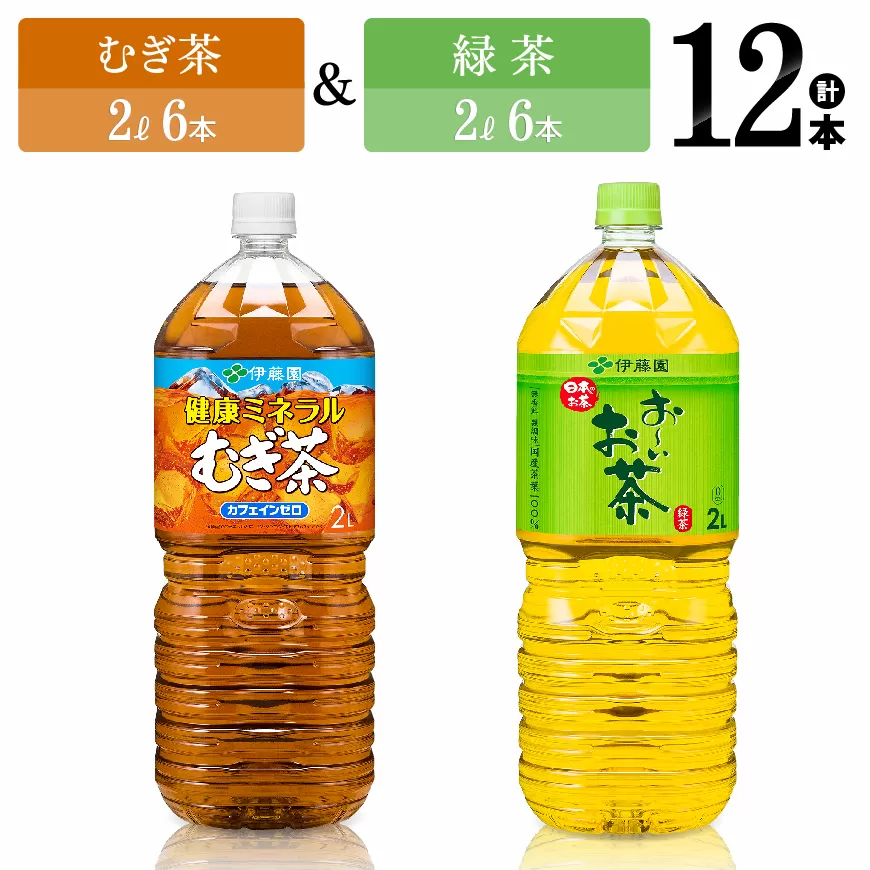 伊藤園　むぎ茶（2L）＆緑茶（2L）(PET）12本 伊藤園 飲料類お茶 お茶 麦茶 緑茶お茶 PET お茶セット お茶詰め合わせ 飲みものお茶 長期保存お茶 備蓄お茶 お茶