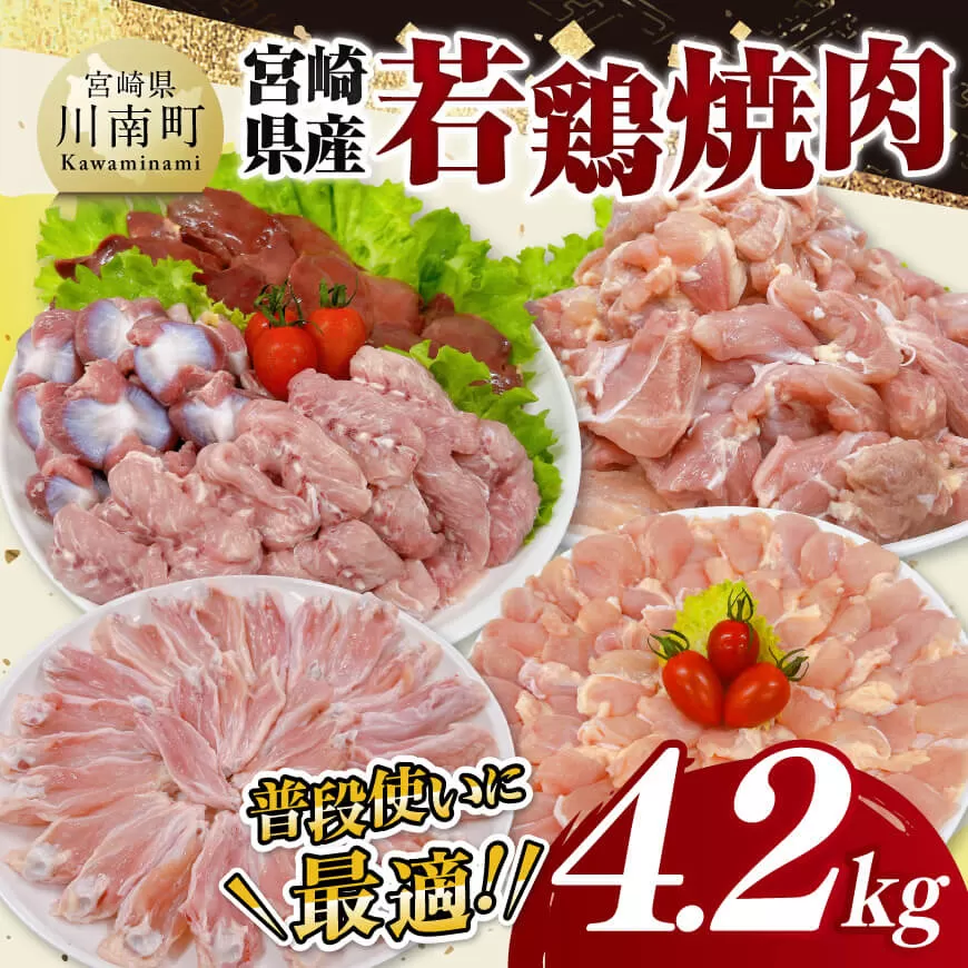 宮崎県産 若鶏 焼肉 4.2kg  もも 砂肝 小肉 チキンリブ 肩肉 鶏肉 とり肉 真空パック