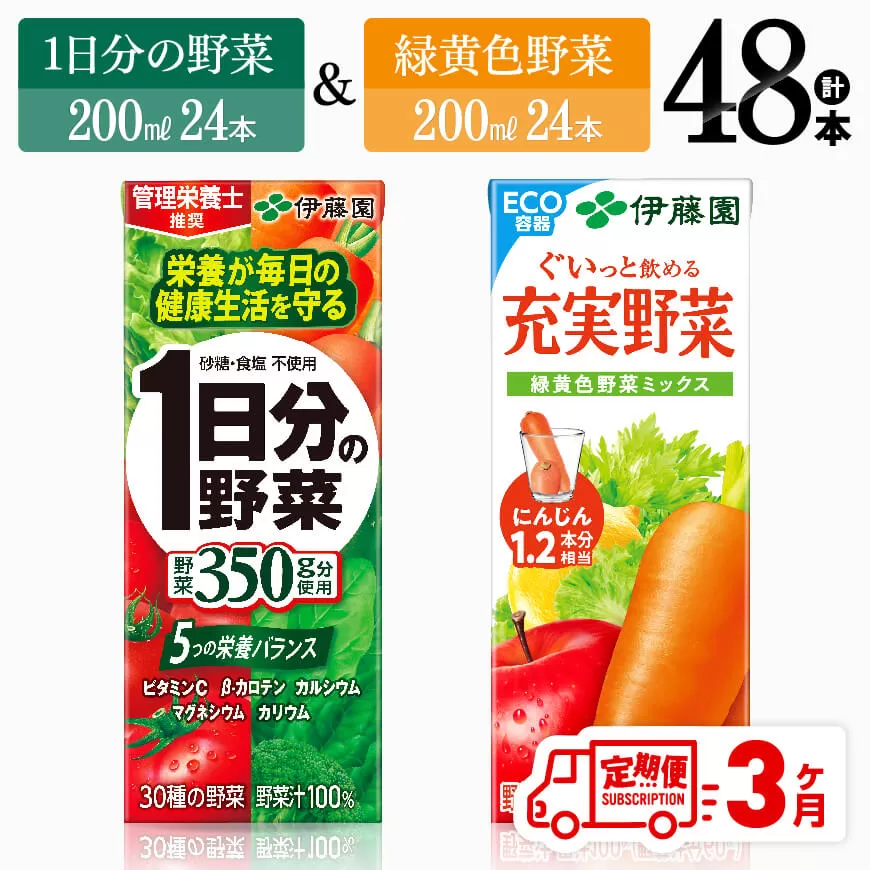 [3ヶ月定期便]1日分の野菜&緑黄色野菜(紙パック)48本 飲料類 野菜 緑黄色 野菜ジュース セット 詰め合わせ 飲みもの 全3回