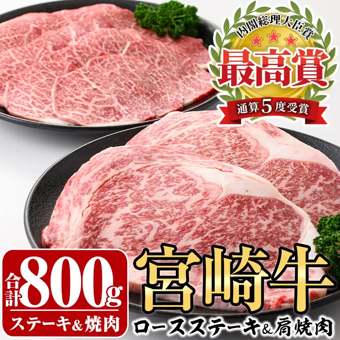 宮崎牛ロースステーキ(400g・200g×2枚)＆宮崎牛肩焼肉(400g)A4 A5 牛肉 精肉 お肉 カタ 黒毛和牛 ブランド和牛 お取り寄せ セット 詰め合わせ 詰合せ 食べ比べ 国産 冷凍 BBQ【P-22】【南日本フレッシュフード株式会社(日本ハムマーケティング株式会社)】