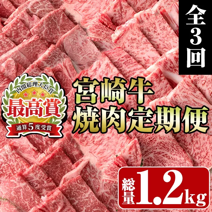 ＜定期便・全3回(連続)＞宮崎牛焼肉定期便(総量1.2kg) 牛肉 もも 肉 焼肉 肩ロース ウデ BBQ 精肉 お取り寄せ 黒毛和牛 ブランド和牛 冷凍 国産【R-83】【ミヤチク】