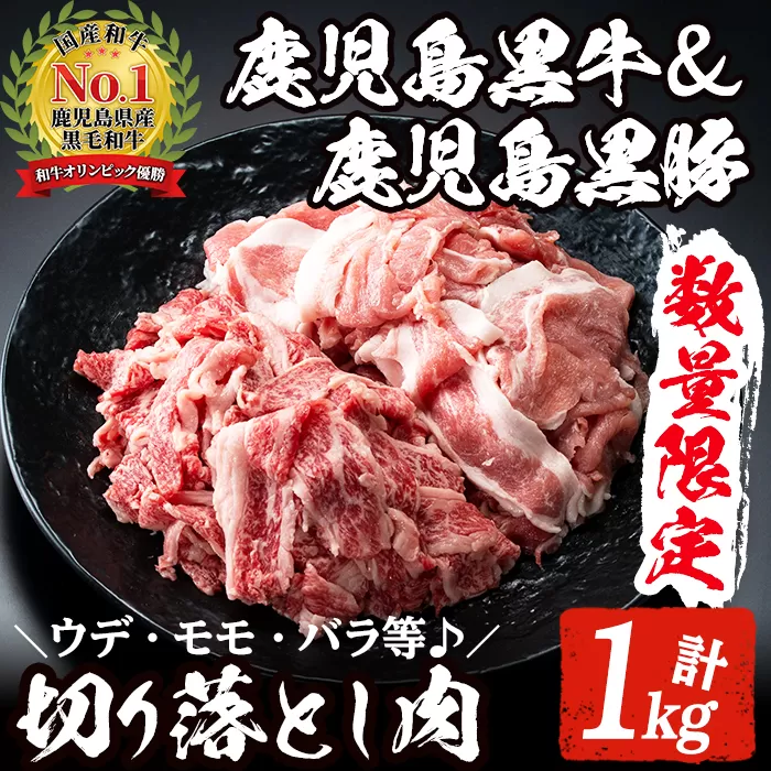 数量限定！鹿児島黒牛切り落とし肉・鹿児島黒豚もも切り落とし肉(計約1kg)国産 九州産 鹿児島産 国産牛 牛肉 切落し 豚肉 豚モモ 豚もも セット 限定【鹿児島いずみ農業協同組合】a-16-6