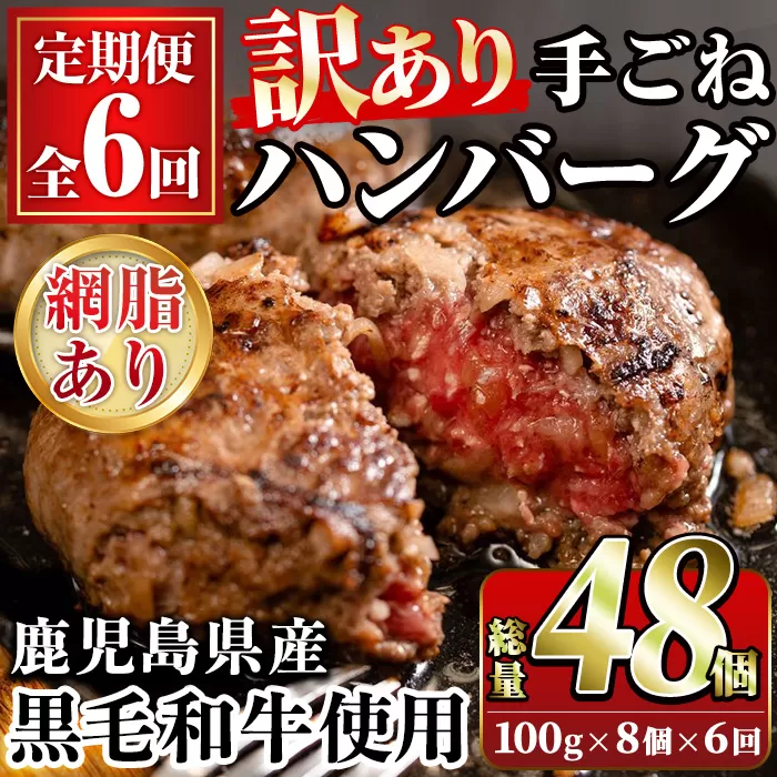 ＜定期便・全6回(隔月)＞＜訳あり＞鹿児島県産黒毛和牛！手ごねハンバーグ(合計48個・100g×8個×6回) 国産 牛肉 小分け おかず 惣菜 個包装 ご自宅用 エコパッケージ 冷凍ハンバーグ【スーパーよしだ】a-72-6