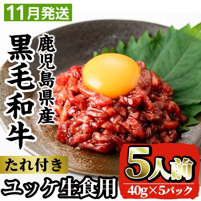 i907-2411 ＜2024年11月中に発送予定＞鹿児島県産黒毛和牛ユッケ5人前(40g×5P・計200g) 肉 牛肉 黒毛和牛 国産 鹿児島県産 ユッケ 生食 旨み 選べる 発送月 選択 【カミチク】