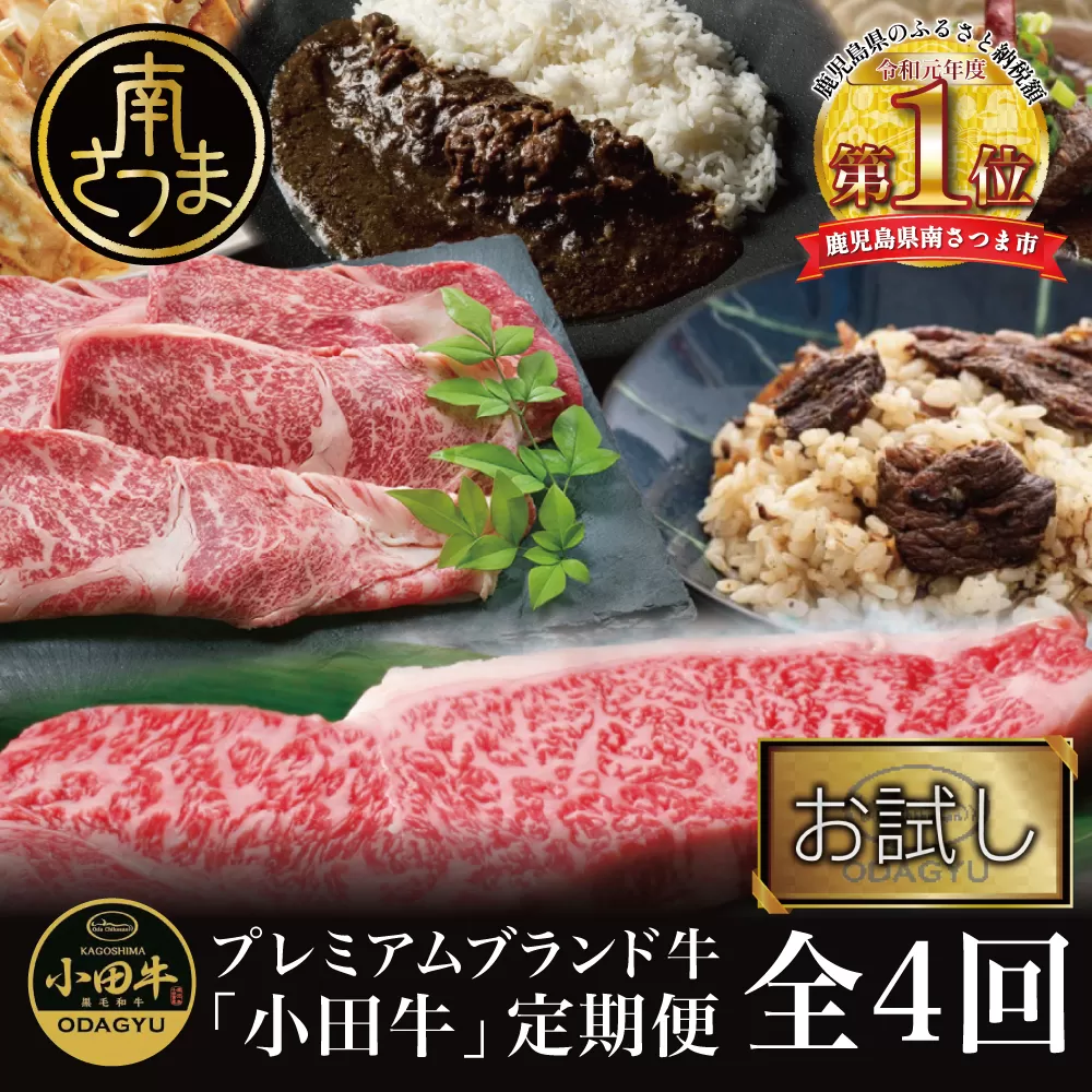 【全4回 プレミアムブランド和牛「小田牛」定期便 （お試し）】 鹿児島県産 黒毛和牛 ステーキ すき焼き ハンバーグ カレー 総菜 おかず レトルト 冷凍 小田畜産 南さつま市