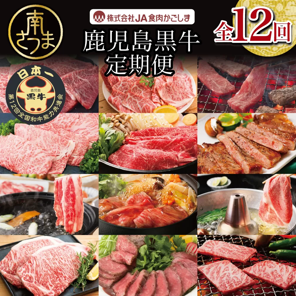 【JA食肉かごしま】鹿児島黒牛定期便（全12回） 和牛日本一の「鹿児島黒牛」お肉 ステーキ すき焼き しゃぶしゃぶ 黒毛和牛 牛肉 定期便 南さつま市