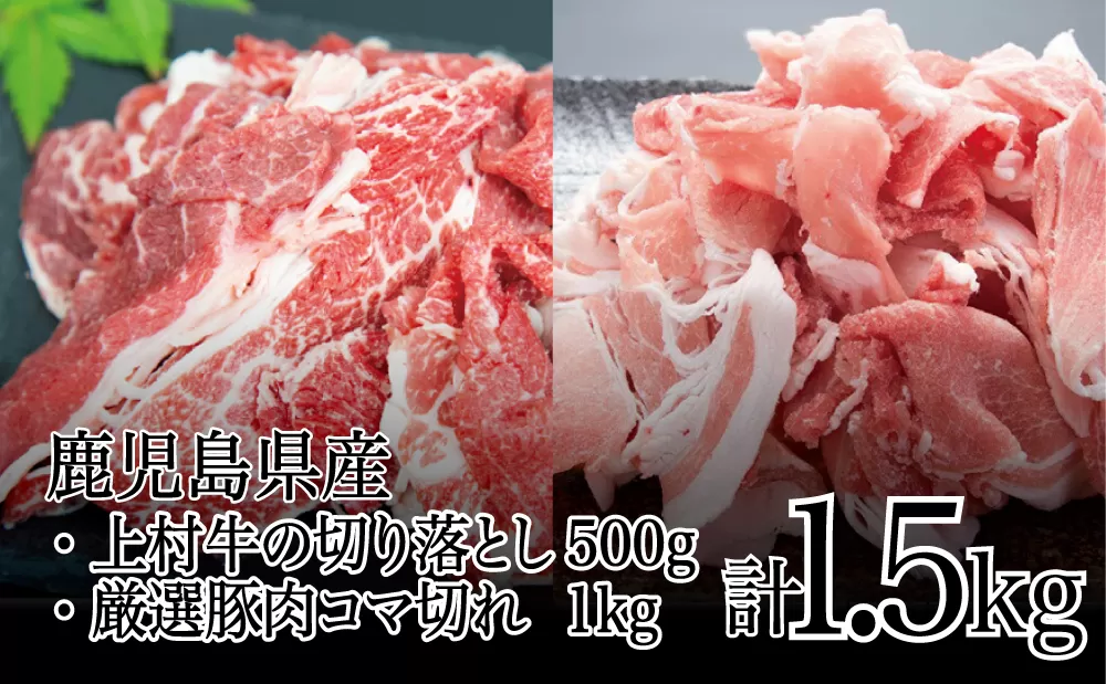 【鹿児島県産】上村牛切り落とし500g&豚肉コマ切れ1kg(合計1.5kg) 牛肉 豚肉 カレー 肉じゃが 炒め物 お肉 小分け 冷凍 カミチク 南さつま市