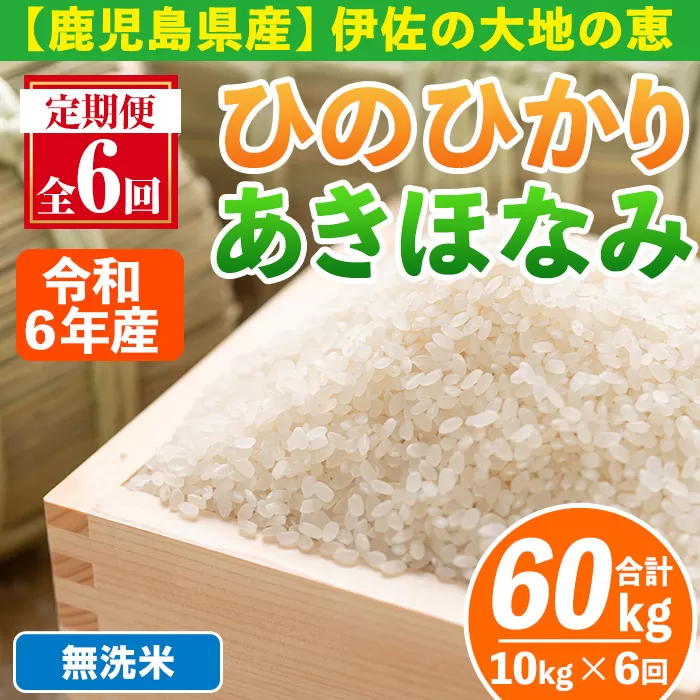 isa518-B 【定期便6回】 ＜無洗米＞令和6年産 鹿児島県伊佐南浦産 ひのひかり5kg・あきほなみ5kg (合計60kg・計10kg×6ヵ月) 国産 白米 精米 無洗米 伊佐米 お米 米 生産者 定期便 ひのひかり あきほなみ 新米【Farm-K】